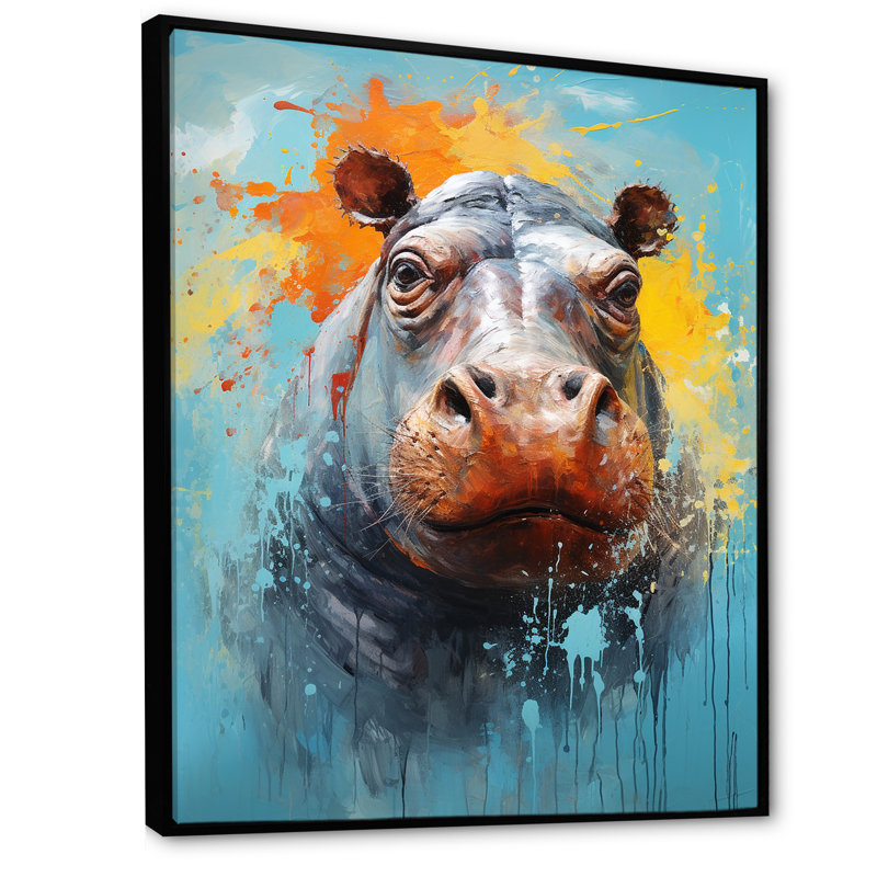 Popart Hippos World - Hippopotamus, art mural, Cadre flottant noir, H 32 po x l 16 po