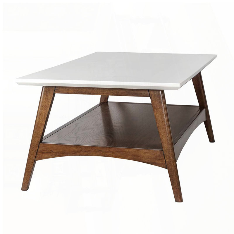 Two-Tone Rectangular Coffee Table with Lower Shelf – White Top and Pecan Base