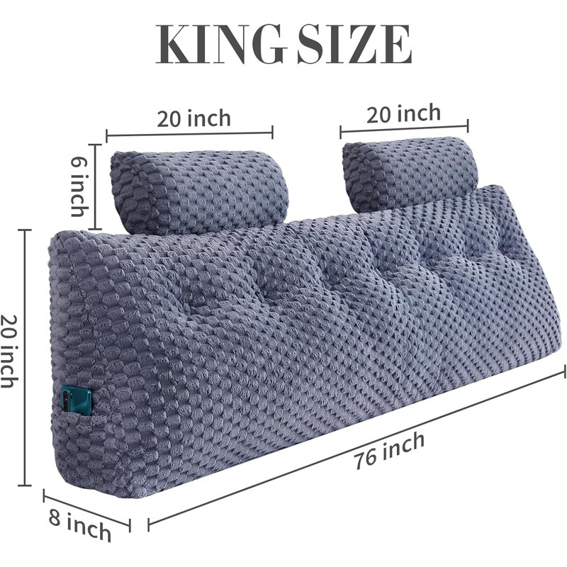 Velet Wedge Bed Rest with Head Roll Pillow, Gray, Triangular 20"H x 76"W