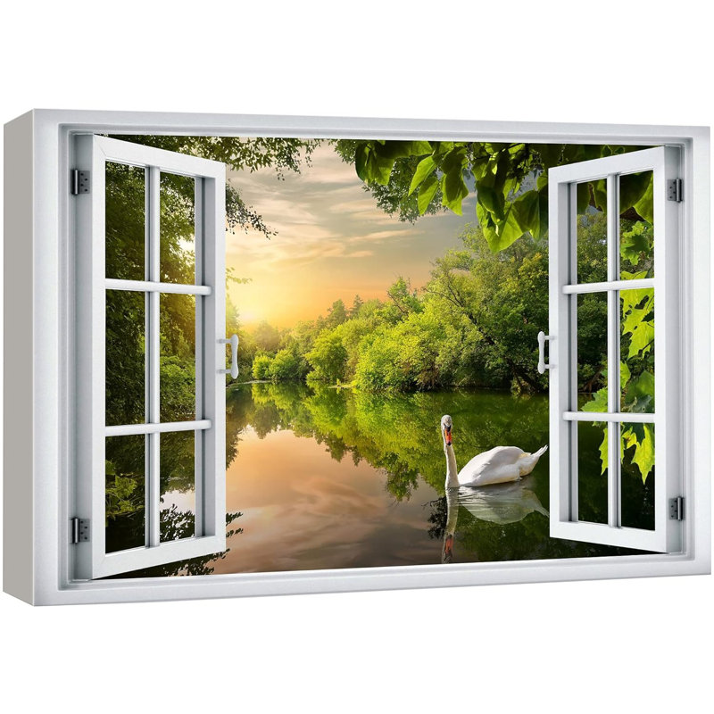 Fenêtre de paysage «Window View Swan Forest Lake Sunset Sky Zen Paradise Nature Scenic Landscape» sur toile