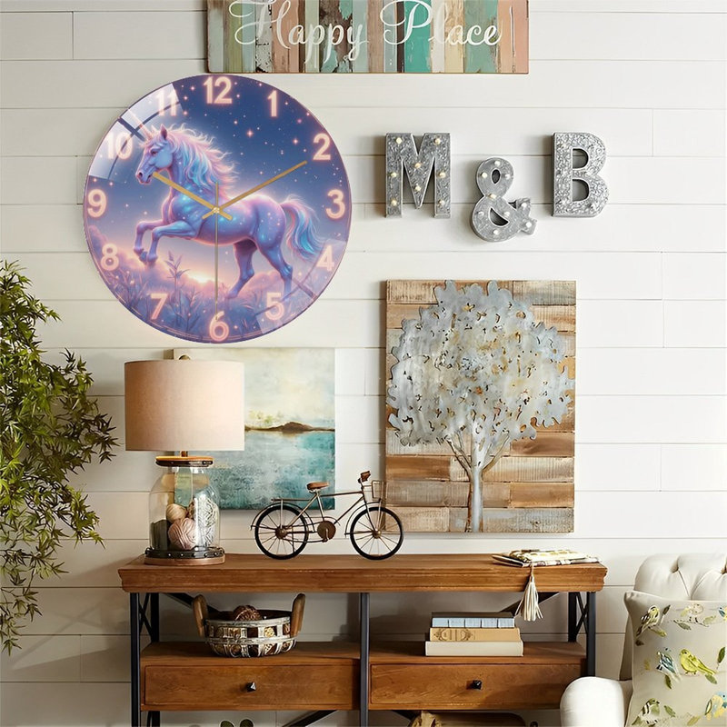 Horloge murale licorne avec étoiles rêveuses et couleurs pastel