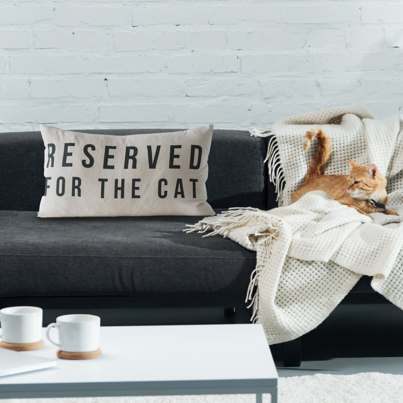 Natural Cotton Lumbar Pillow with Cat Design