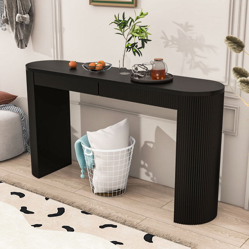 Elegant Entryway Table with Arched Legs, Striped Detailing and Hidden Storage Drawers, Black