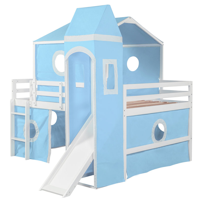 Lit mezzanine avec glissade et maisonnette Lomcrest, pin et panneau de fibres à densité moyenne, Lit double, Bleu