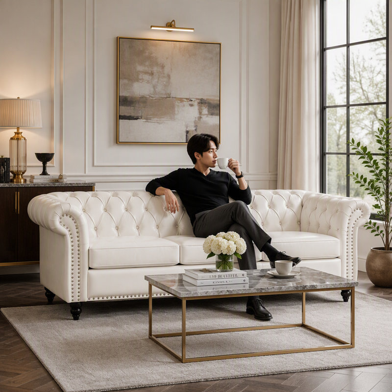 Canapé Chesterfield 84,65 po, Simili cuir blanc