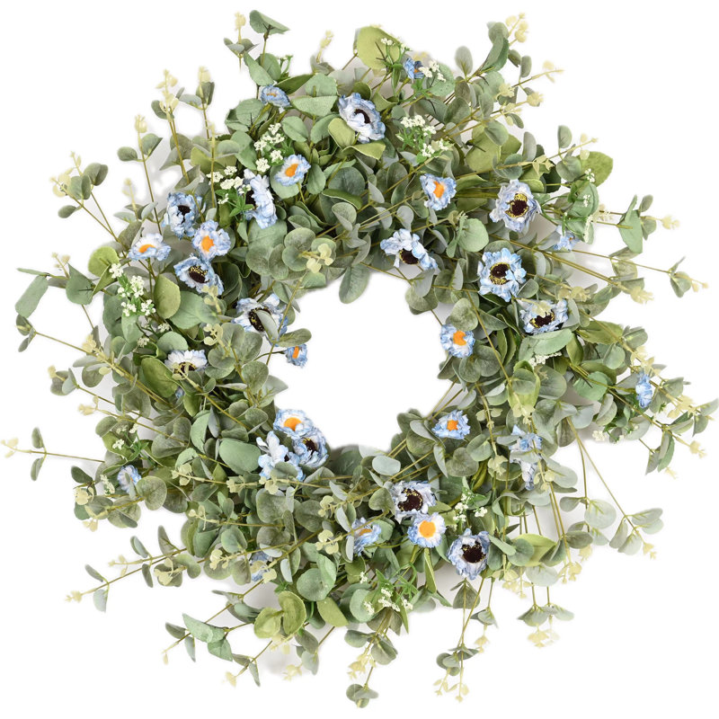 Couronne de porte 26 po avec baies en eucalyptus, Vert/bleu