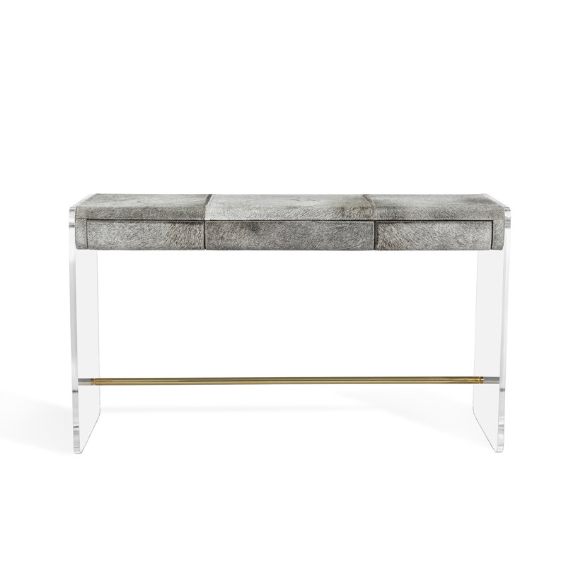 Cora 52" Clear Acrylic and Polished Brass Writing Desk with Gray Hide