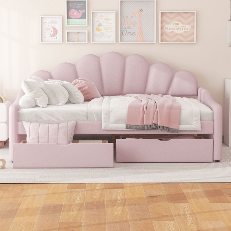 Full Size Upholstered Daybed Frame with Shell Backrest and 2 Storage Drawers, Kids Bed, Pink, Pink