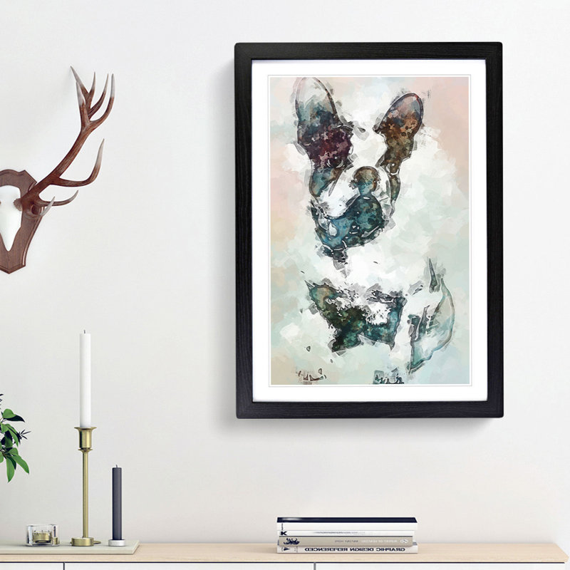 French Bulldog Dog Stencil in Abstract - Picture Frame Painting Print, Black Framed, 87cm H x 62cm W x 2cm D