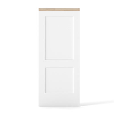 Porte de grange coulissante dissimulée 36 po x 84 po à 2 panneaux plats avec noyau creux blanc apprêté avec trousse de quincaillerie d'installation invisible et poignée double face noire matte