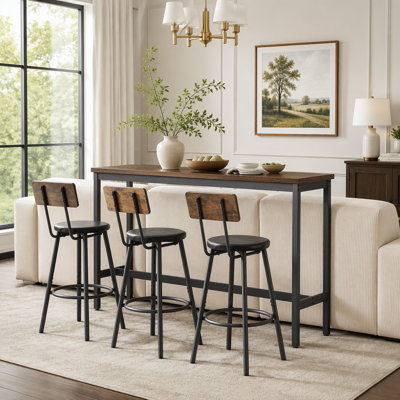 Industrial Style Long Bar Table Set With Three Upholered Stools For Kitchen Dining And Social Gatherings