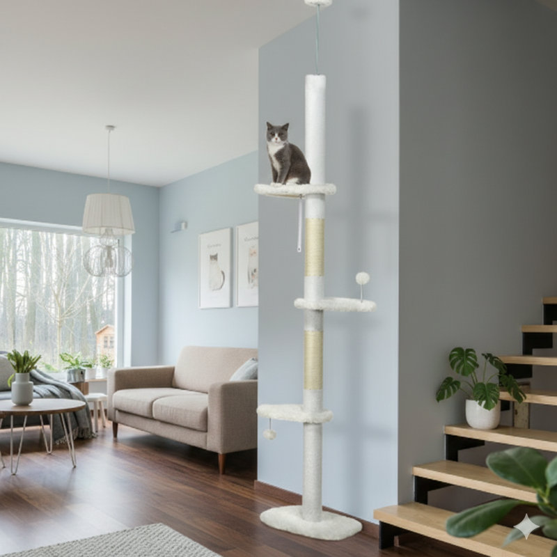 Floor-to-Ceiling Cat Tree with Integrated Scratching Posts, Adjustable Height from 88.5 to 100.5 Inches, Cat Climbing Tower Showcasing Cloud-Shaped Platforms, Hanging Toy Balls, and an Anti-Tipping Safety Device, White Finish