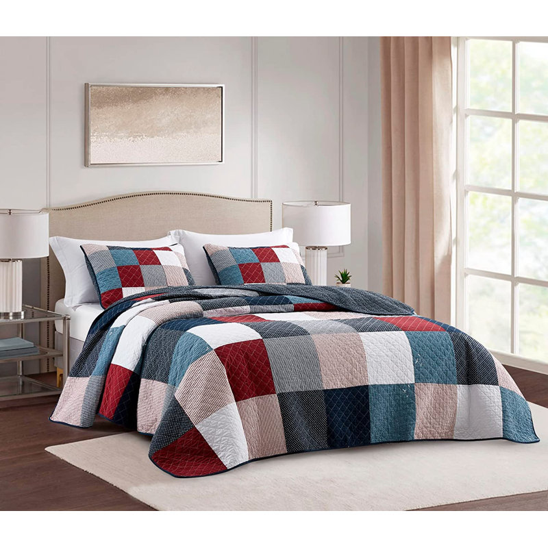  Pre-Washed Multicolor Patchwork Cotton Reversible Quilt Set, King Quilt + 2 King Shams