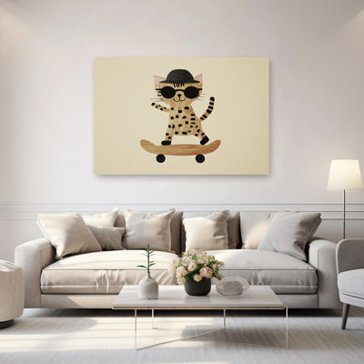 Cool Cat Skater Playful Retro Cat Wall Art Print 1 Piece Wrapped Canvas Wall Art