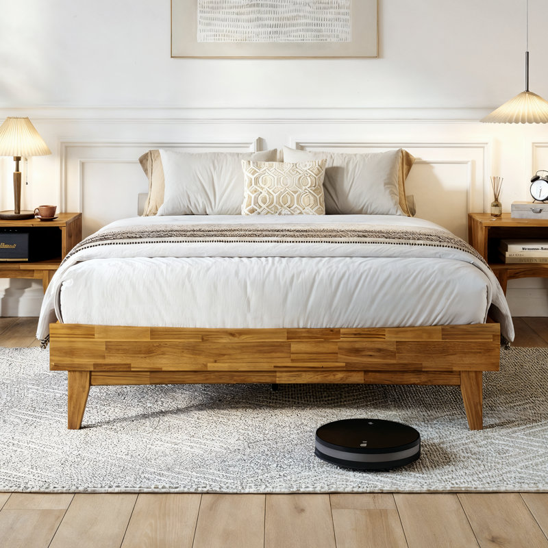 Lit plateforme Coraline en bois robuste, cadre de lit moderne sans tête de lit, supporte jusqu'à 800 lb, Brun teck, Grand