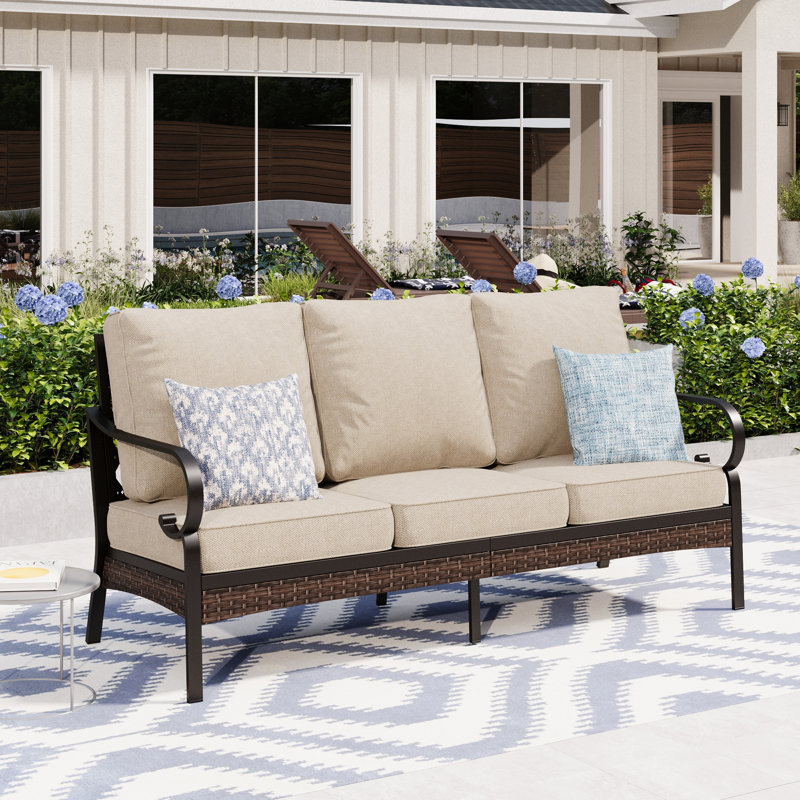 Canapé d'extérieur de 74,8 po de largeur avec coussins et décoration en osier, Coussin beige / structure noire