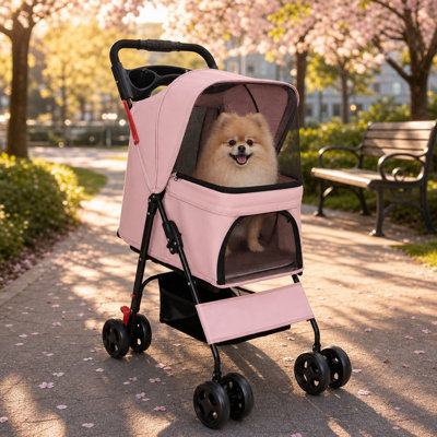 Foldable Pet Stroller for Small Dogs & Cats Up to 28 lbs, 4-Wheel Pet Stroller with Storage Basket, Cup Holder Tray, Breathable Mesh & Safety Leashes