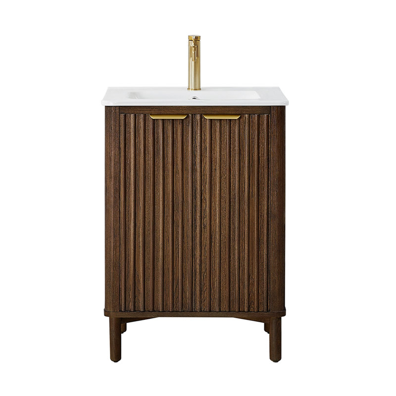 Meuble-lavabo simple 24 po avec comptoir en céramique blanche Mumbai, Or brossé, Chêne brun foncé vieilli