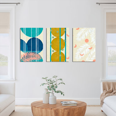 Tropical Leaves and Geometric Circles Canvas Wrapped Wall Art, Modern Abstract Print (Set of 3)