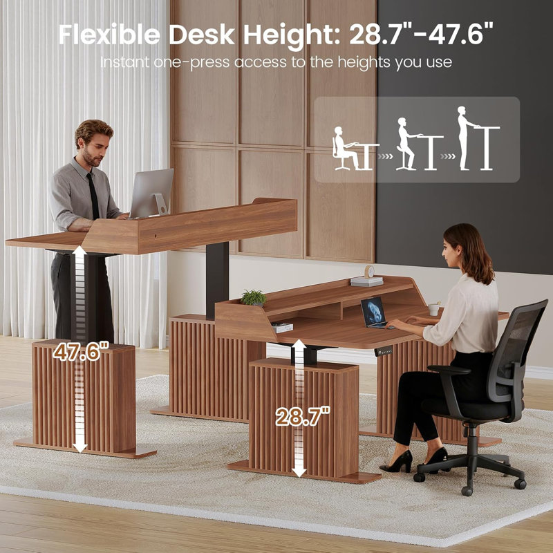 Bureau debout avec rangement pour ordinateur 55 "avec prises de courant et lumières DEL, Brun