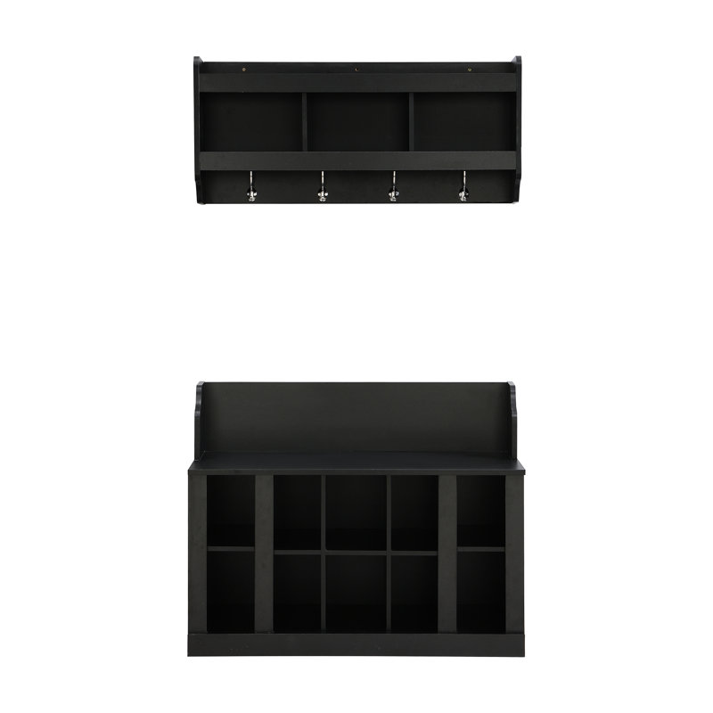 Modern Shoe Storage Bench With Wall Mounted Hooks And Adjustable Shelves, Hall Tree For Home Entryway, White Coat Rack, 4 Hooks, Mounted, Hallway, Foyer,