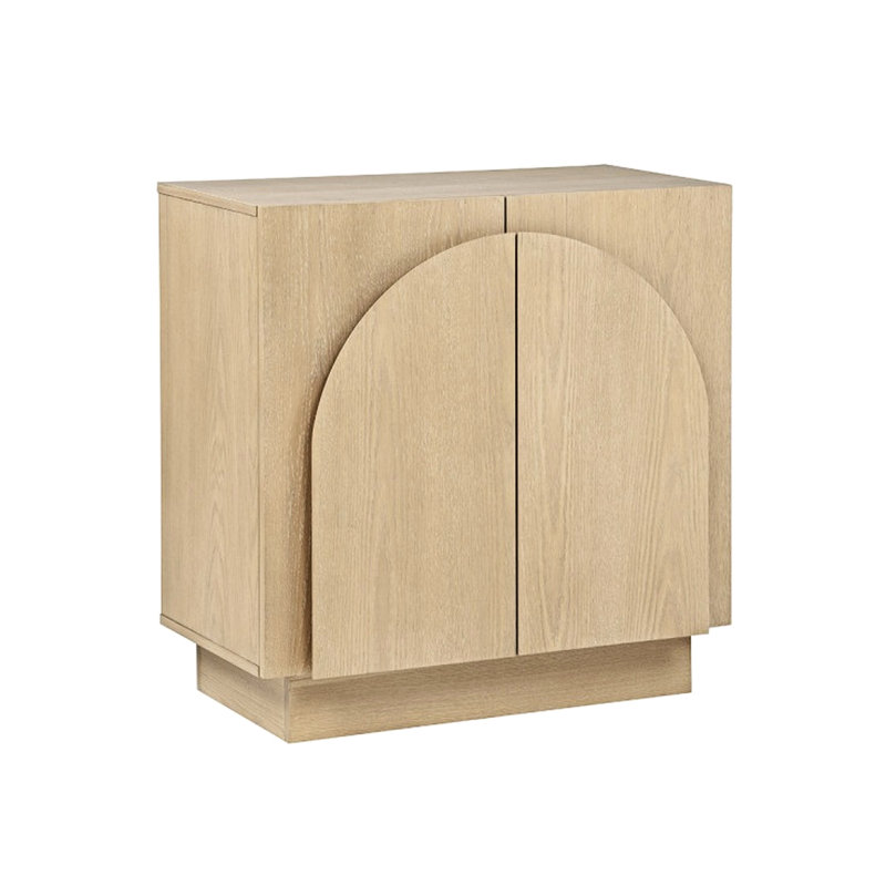 Armoire décorative Mid-Century en chêne moderne pour le salon, couleur, portes arquées et tablettes avec design, aspect à bords arrondis, assemblage simple