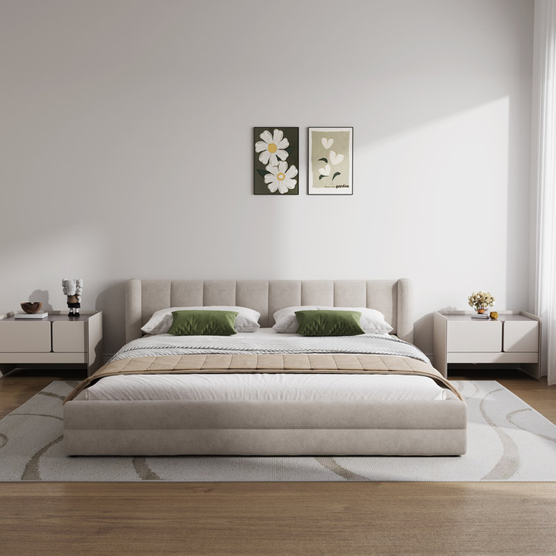 Queen Size Chenille Upholstered Low Bed Frame,   Platform Bed With Wingback Headboard, Queen, Beige