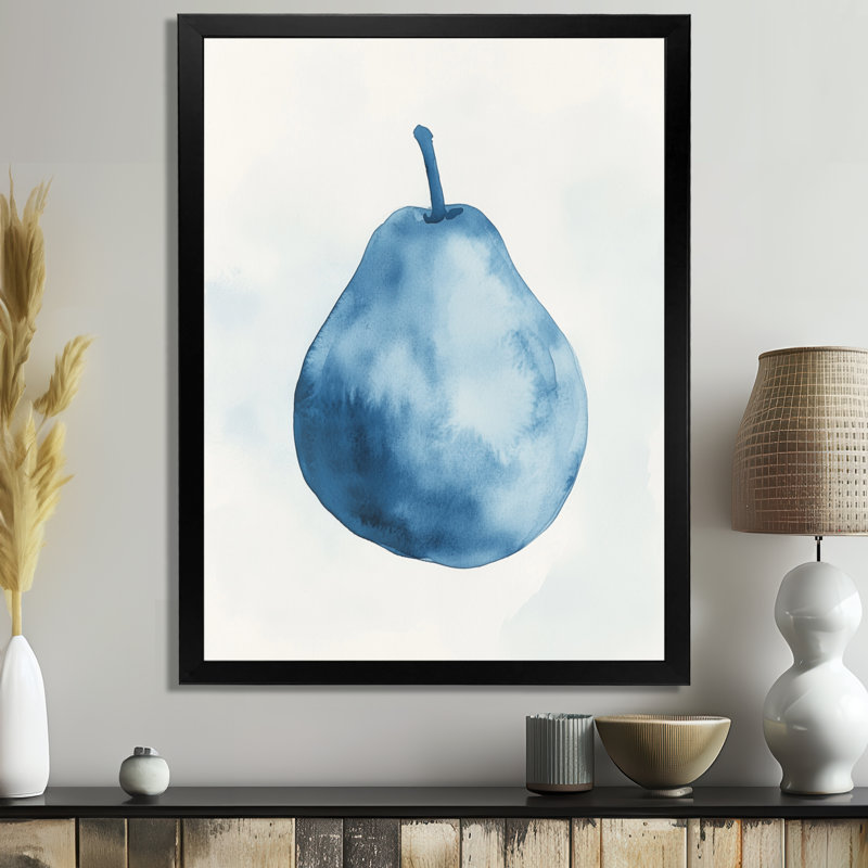 Étude minimaliste de poires bleu pâle et froid - Nature morte abstraite encadrée, H 32 po x l 16 po, Black Picture Framed