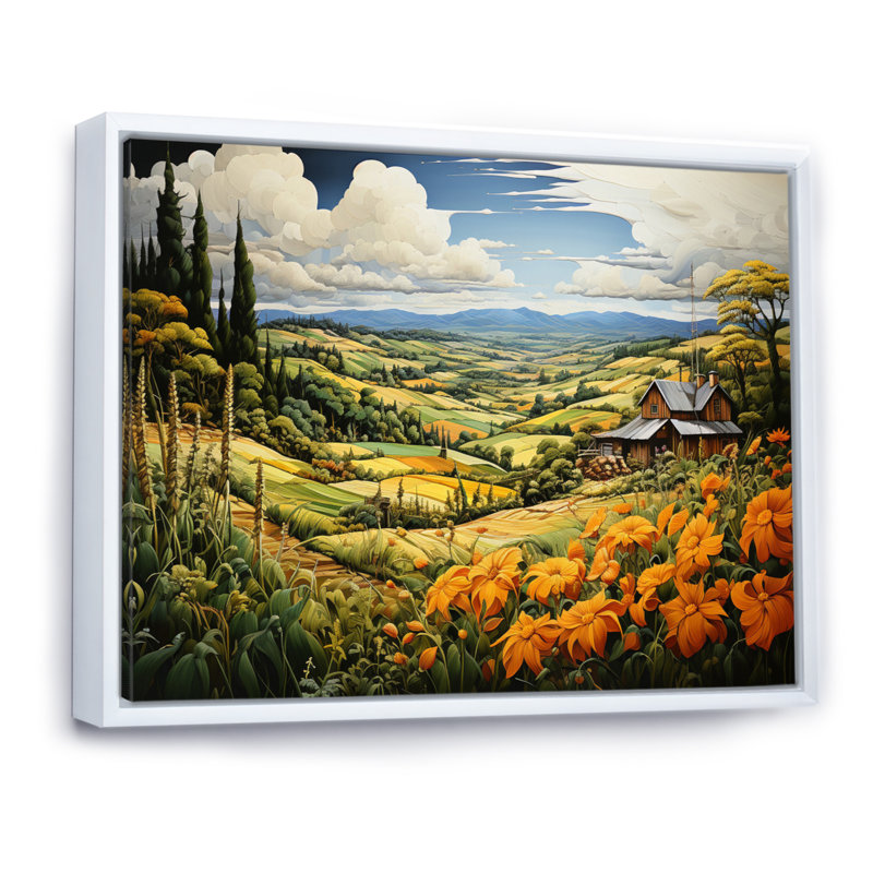 «Countryside Pastoral Patchwork I», reproduction, H 30 po x l 40 po x P 1,5 po, Cadre flottant blanc