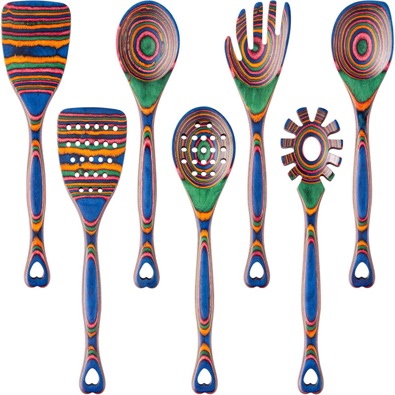 Ensemble d'ustensiles en bois de 7 pièces pour la cuisson - Cuillères non résistantes aux égratignures avec trous de suspension pour un rangement facile