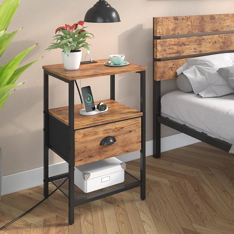 Ensemble de 2 tables de chevet, tables de chevet avec station de charge et tiroir en tissu, tables de chevet avec rangement, table d'appoint à 2 niveaux avec tablette ouverte, tables de chevet avec station de charge, brun rustique