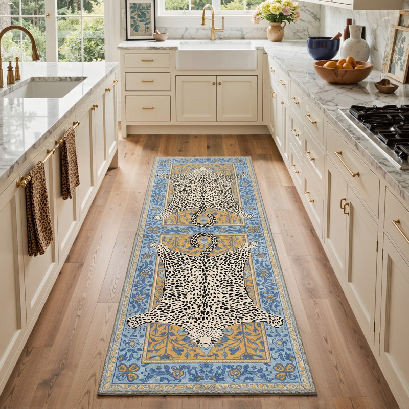 Tapis bleu / jaune / beige lavable à la machine Alinda, Tapis de couloir de 2 pi x 7 pi