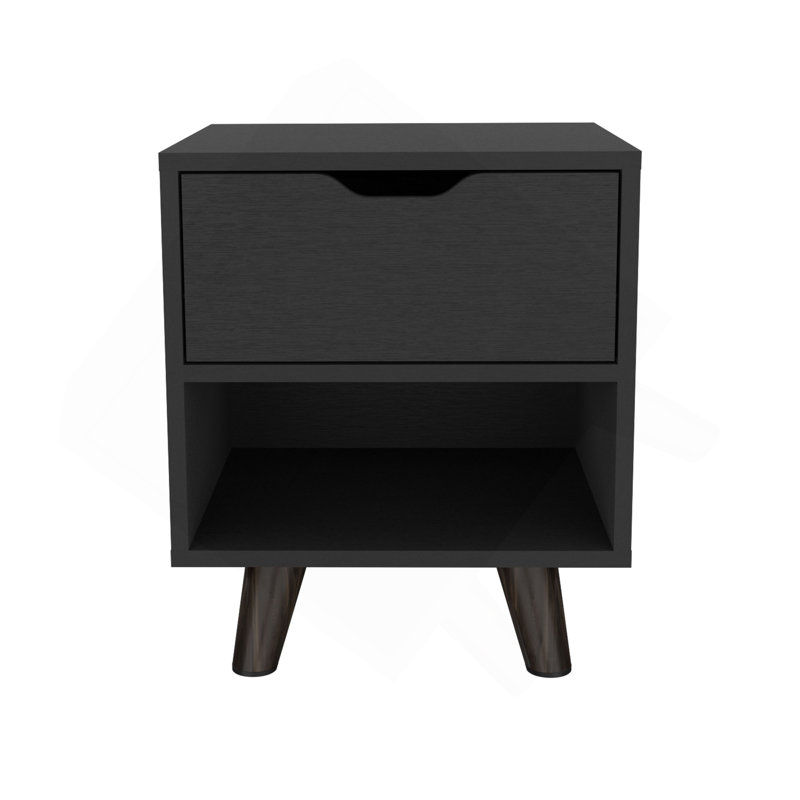 Crail Nightstand With 1 Open Storage Shelf, 1 Drawer And Wooden Legs, Black