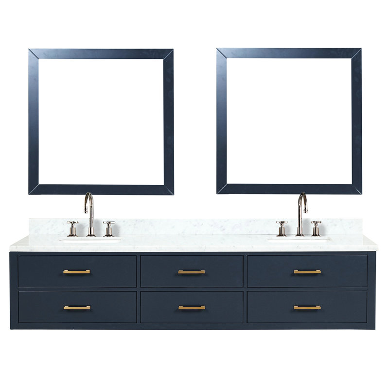 84 po L x P 22 po. Meuble-lavabo double bleu avec comptoir en marbre et robinets, comptoir de 84 po, robinet et 36 miroirs inclus