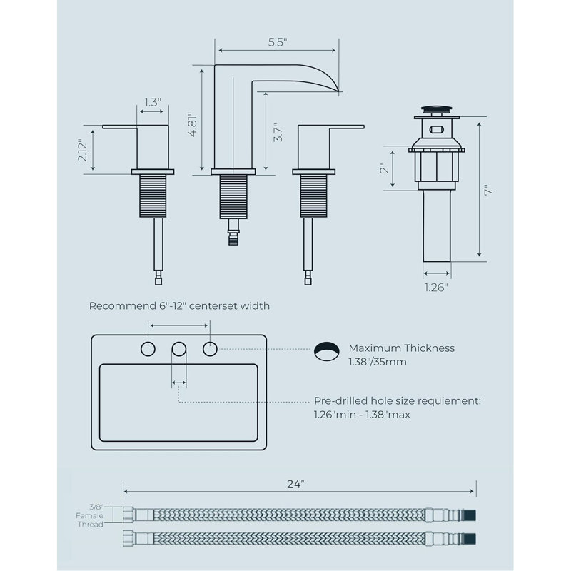 Robinet de salle de bain central 8 pouces - installation à 3 trous, bec cascade avec drain escamotable en métal et conduites d'alimentation, robinet de lavabo à deux poignées pour lavabo