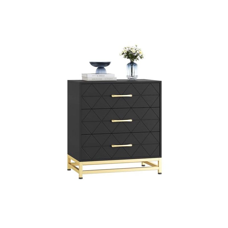 3-Drawer Wooden Dresser, Modern Wood Chest of Drawers with Golden Handles, Black