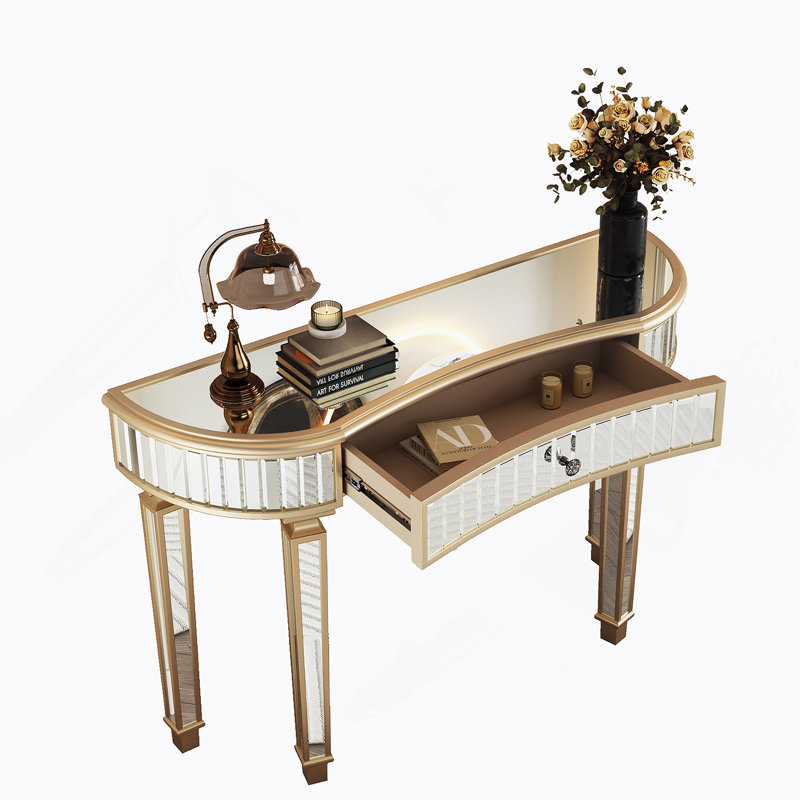 Console 47 po à miroir en demi-lune avec tiroir en verre cannelé et poignées en cristal, Doré/argent