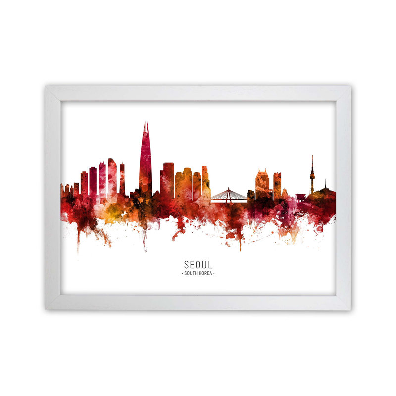 Seoul South Korea Skyline Red City Name by Michael Tompsett - Print, White Framed, 21cm H x 29.7cm W x 3cm D