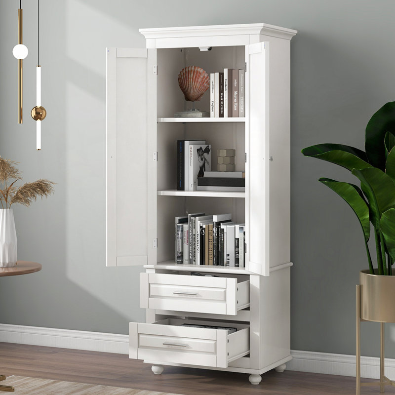 Grande armoire de rangement avec deux tiroirs pour la salle de bain, imperméable et durable avec tablettes réglables, Blanc