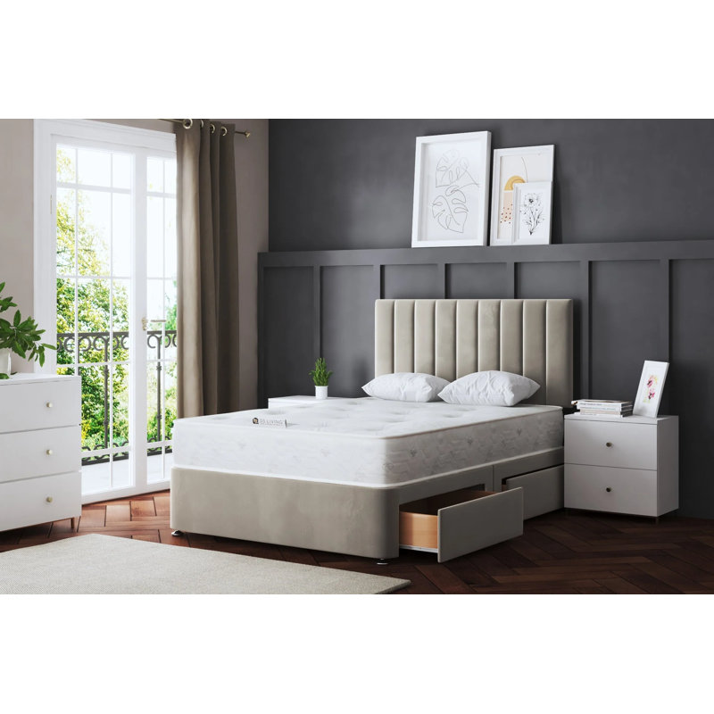 Amelia Upholstered Panel 4 Draw Divan Bed with Headboard, Beige, Single (3')
