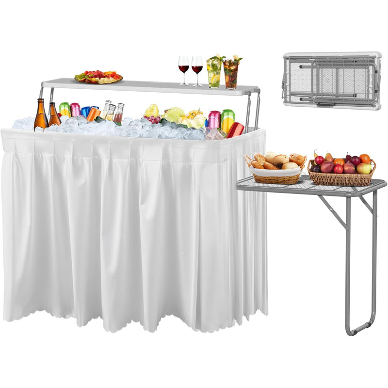 Table glacière à deux niveaux avec support d'extension pliable, table de glace extérieure de 4 pieds avec jupe assortie et tuyau d'évacuation