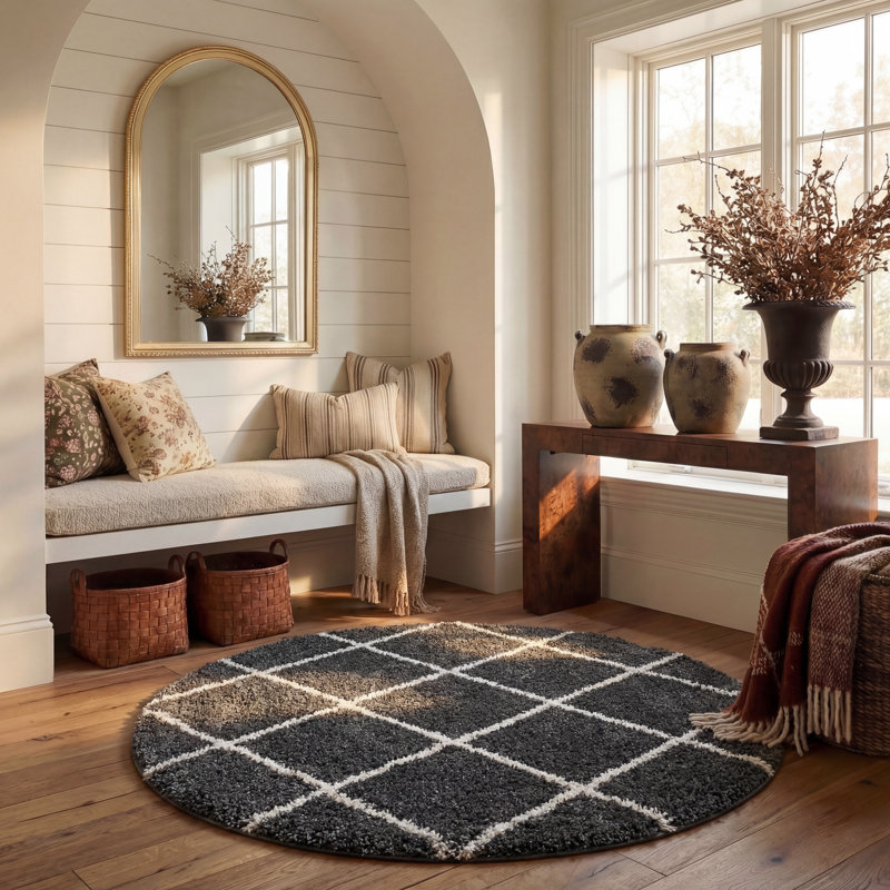 Humberto Hudson Shag Performance Geometric Rug, Round 7', Dark Gray/Ivory