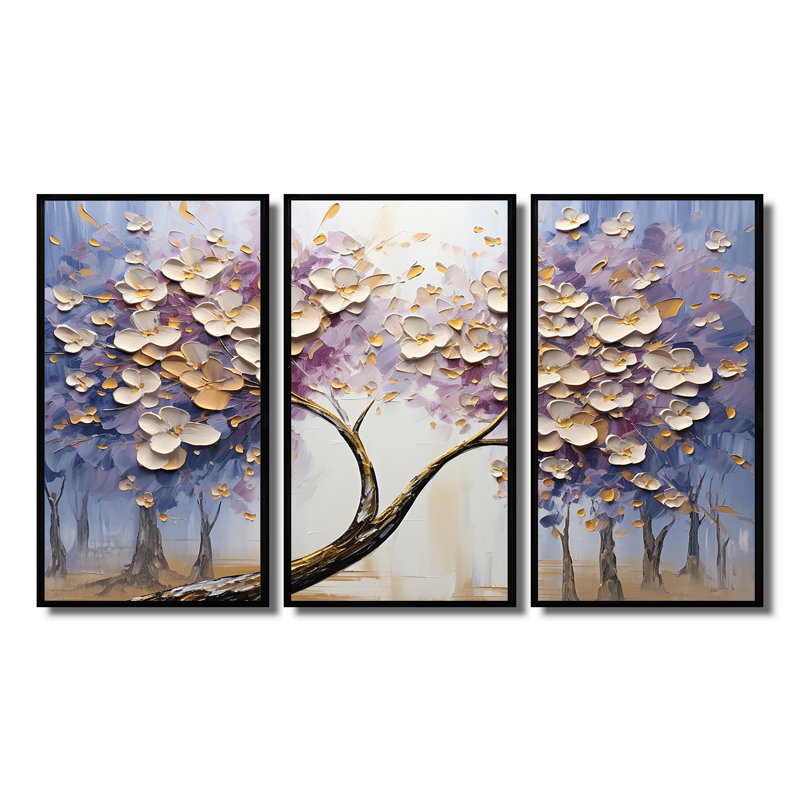 Tree Blossoming With White Flowers I - Tree Floral Wall Art Living Room Set, Black Floater Framed, 28" H x 36" W x 1" D