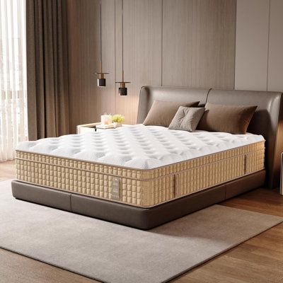  14 Inch Queen Hybrid Mattress, 7-Zone Firm Hotel Collection Bed with Lumbar and Shoulder Support, Beige+White