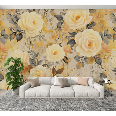 Papier peint auto-adhésif à motif de roses, de roses jaunes et blanches à motif floral doré H 100 po x l 144 po, papier peint adhésif amovible pour chambre à coucher, bureau à domicile