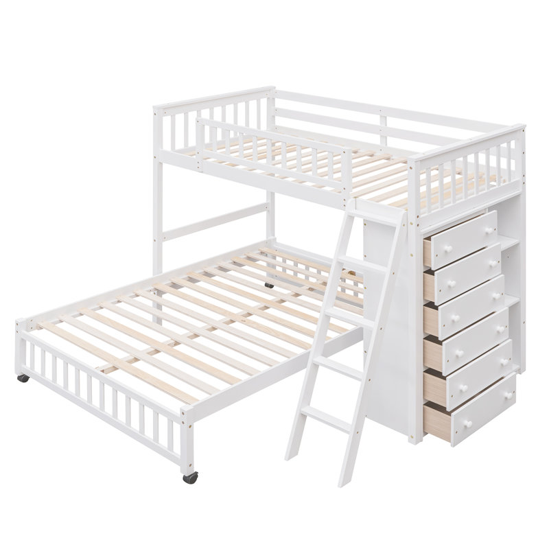 6 Drawers Twin Over Full L-shaped Bunk Bed With Shelves, White