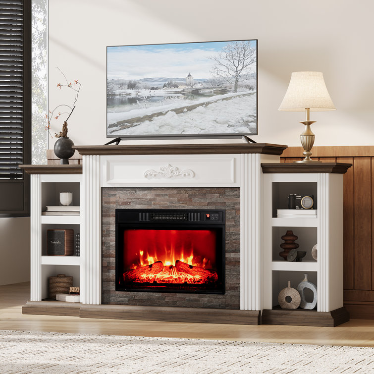 72" Electric Fireplace With Mantel, Fireplace Tv Stand For Tvs Up To 80 Inch, Entertainment Center With Storage, Realistic Stacked Stone Surround With Remote Control For Living Room