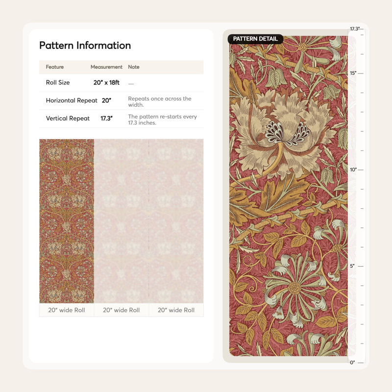 Papier peint à motif de treillis de chèvrefeuille William Morris Bryelle, Rouge