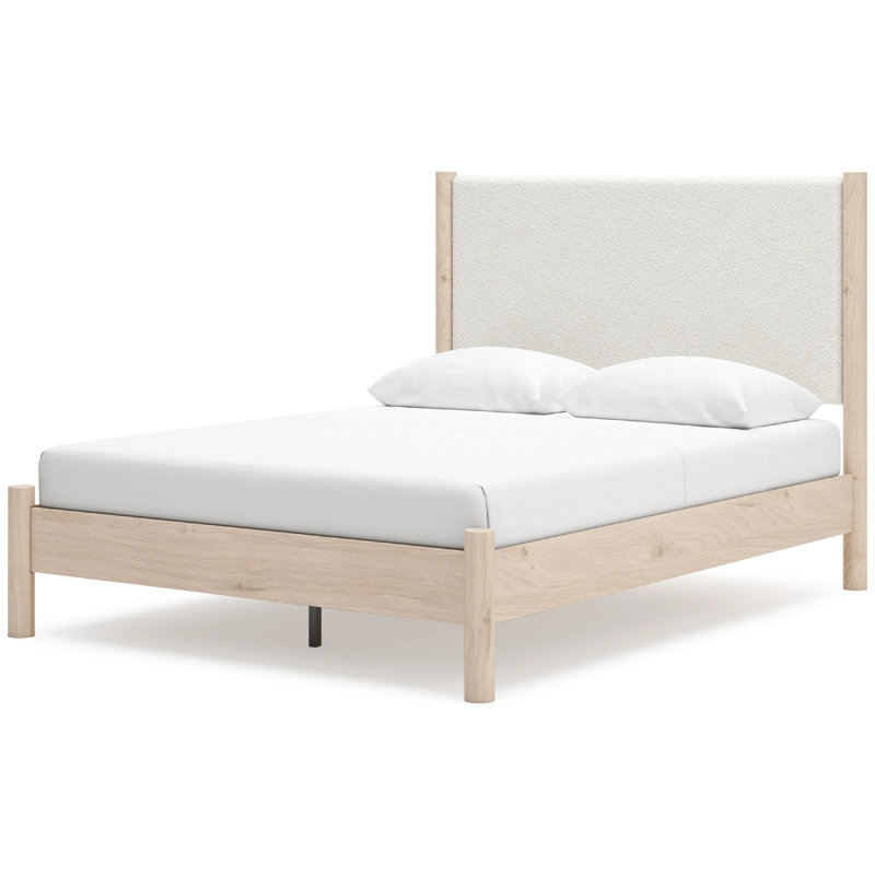 Grand lit Mooran, revêtement en polyester blanc, bois brun clair, Grand, Blanc / brun clair