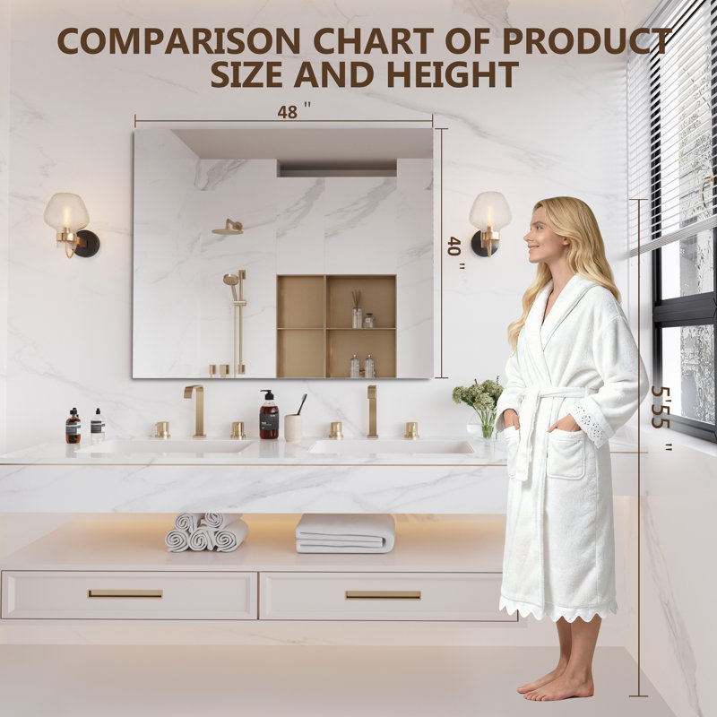  Frameless Tempered Glass Mirror, 40" x 48", Rectangle